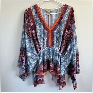 Flying Tomato Boho Babydoll Kimono Sleeve Top V-Neclk Floral Blue Orange Women L